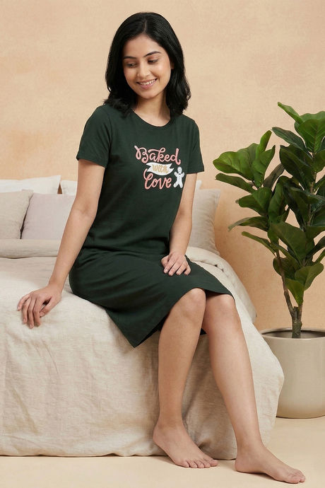 Zivame Farm Lore Knit Cotton Knee Length Nightdress - Pine Grove — image 3
